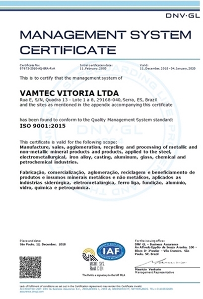 Certificação Vamtec Group (ISO 9001)